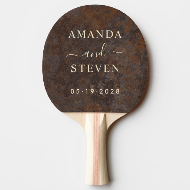 Raquette De Ping Pong Rusted Metal Sheet Couple Names with Wedding Date (Dos)