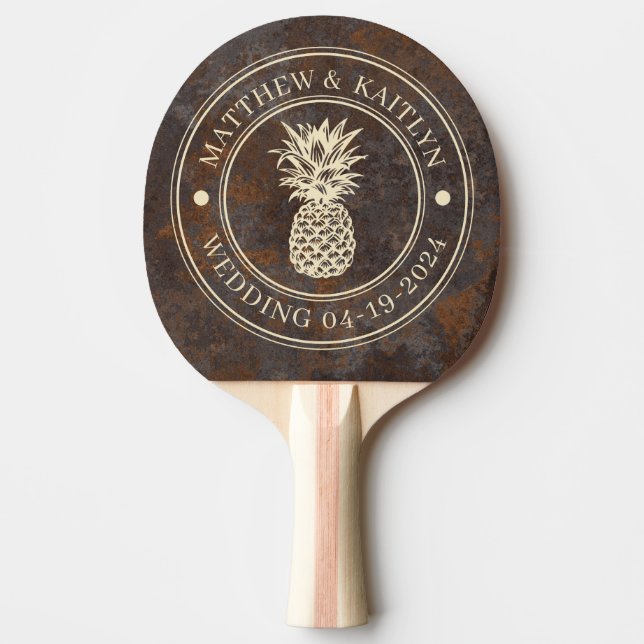 Raquette De Ping Pong Rusted Metal Sheet Pineapple Wedding Crest & Names (Devant)