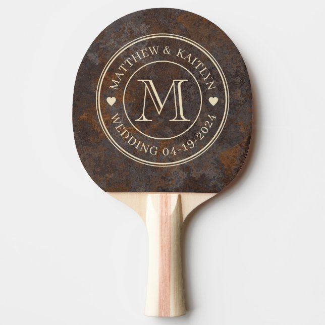 Raquette De Ping Pong Rusted Metal Sheet Wedding Monogram Heart (Devant)