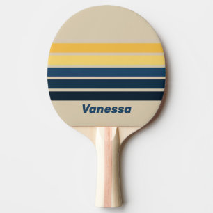 Raquette De Ping Pong Sable de plage vintage sur fond rayé avec nom
