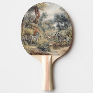 Raquette De Ping Pong Scène botanique de zèbres et lions dans une oasis