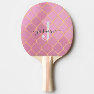 Raquette De Ping Pong Script Monogramme Pailleté Girly Or et Rose