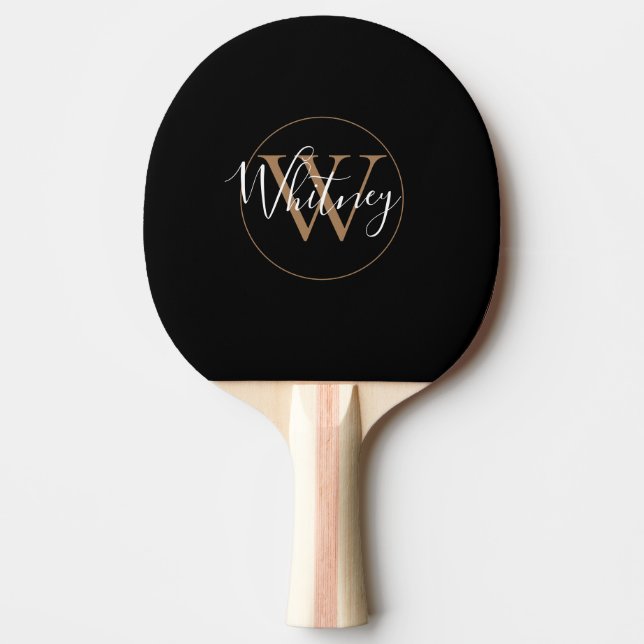 Raquette De Ping Pong Simple Élégant Monogramme Nom Script Noir Or (Devant)