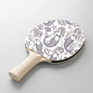 Raquette De Ping Pong Sirène Bleue Vintage et Motif de Vie Marine