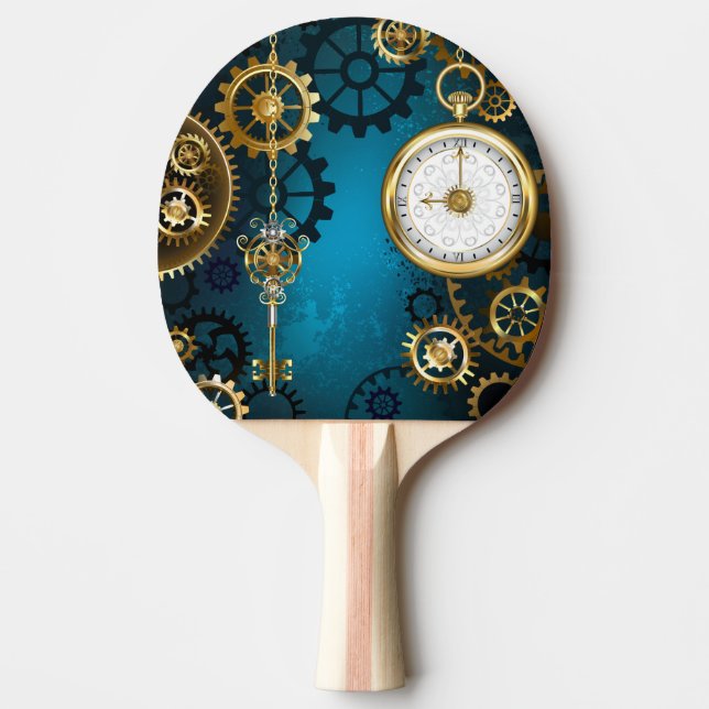 Raquette De Ping Pong Steampunk turquoise Background with Gears (Devant)