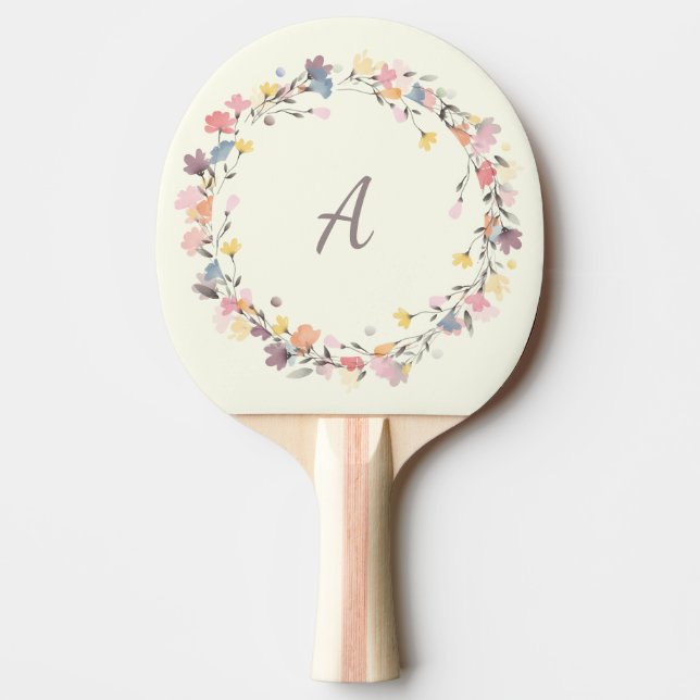 Raquette De Ping Pong Stylé Pastel Floral Wreath Monogramme Personnalisé (Devant)
