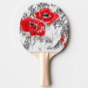 Raquette De Ping Pong Stylo dessiné à la main des pavots rouges fleurs f
