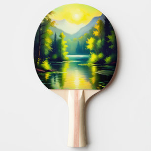 Raquette De Ping Pong Sunrise sur les montagnes enneigées et le lac
