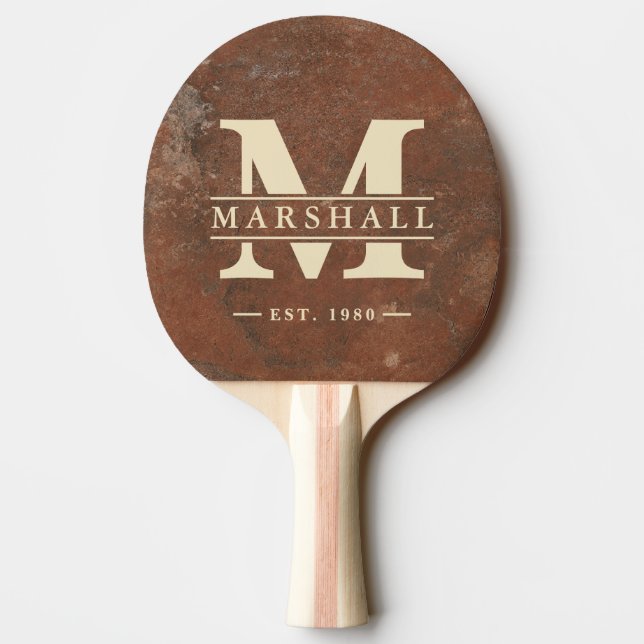 Raquette De Ping Pong Superposition de monogramme et de nom en grès brun (Dos)