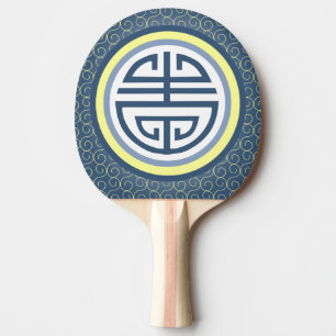 Raquette De Ping Pong Symbole de longévité chinois Shou - bleu et jaune