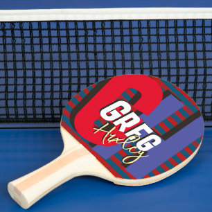 Raquette De Ping Pong Table Tennis Player Nom gras rouge bleu monogramme