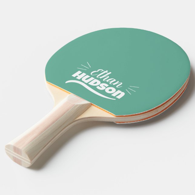 Raquette De Ping Pong Table Tennis Player - White Name on Teal Blue (Devant Angle)