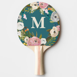 Raquette De Ping Pong Tableau Monogramme floral peint personnalisé