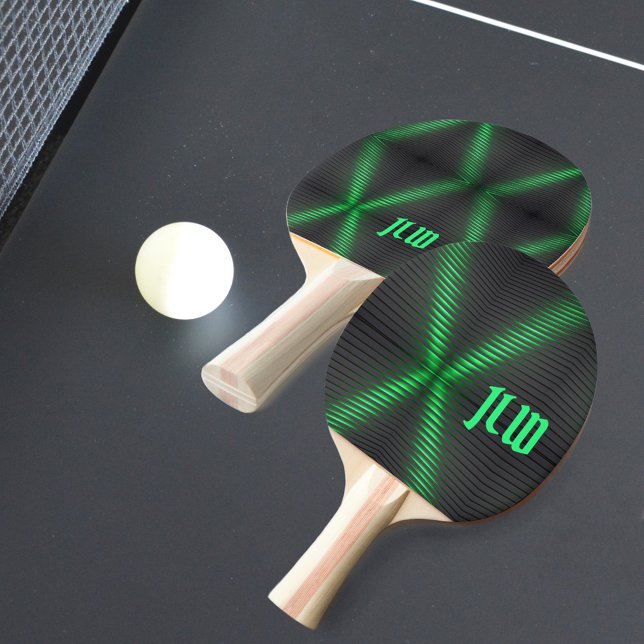 Raquette De Ping Pong Techno à rayures vertes et noires avec initiales (Créateur téléchargé)