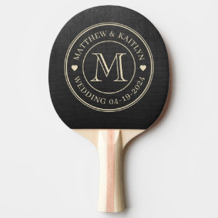 Raquette De Ping Pong Toile de fond noire de mariage monogramme cœur