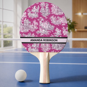 Raquette De Ping Pong Toile de Jouy monogramme floral rose magenta vinta
