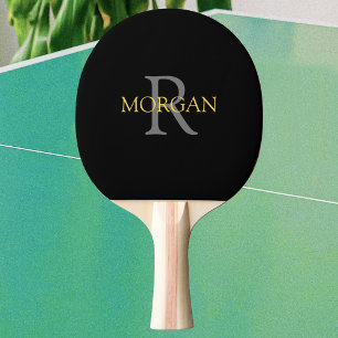 Raquette De Ping Pong Trendy Grey Monogramme & Nom en Or sur Fond Noir