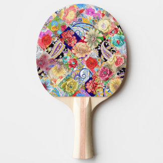 Raquette De Ping Pong Tropical motif floral, couleurs vives.