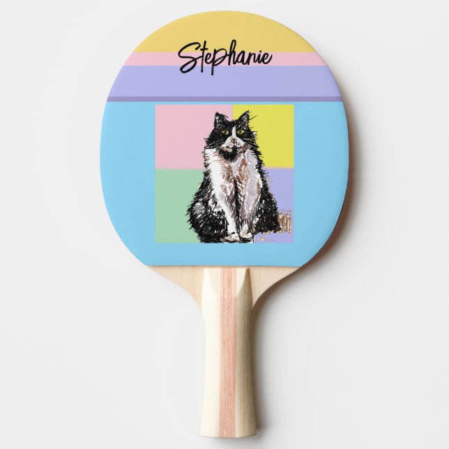 Raquette De Ping Pong Tuxedo Chat Pastel Couleurs Rose Girls Nom (Devant)
