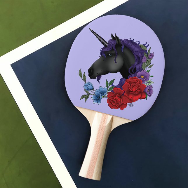 Raquette De Ping Pong Unicorne noire et fleurs (Créateur téléchargé)