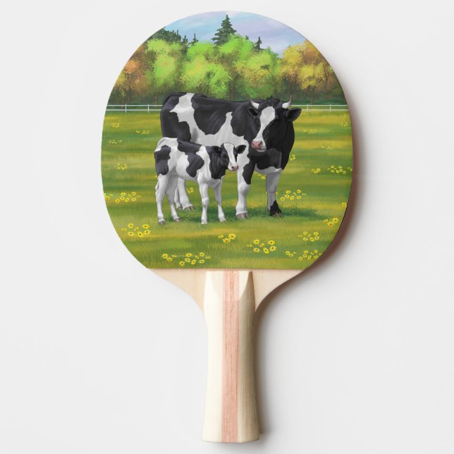 Raquette De Ping Pong Vache Holstein et veau mignon en pâturage d'été (Devant)