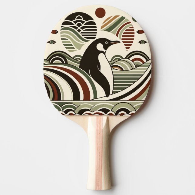 Raquette De Ping Pong Vagues De Pingouin De Maroon Vert Crème Olive Art  (Devant)