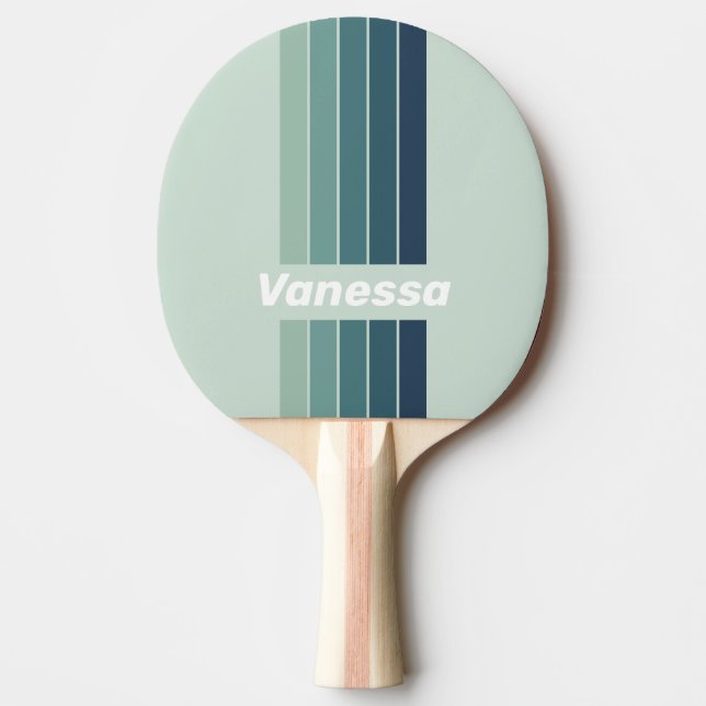 Raquette De Ping Pong Vert Océan Nostalgique Rayé avec Nom (Devant)