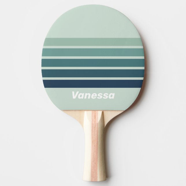 Raquette De Ping Pong Vert Océan Nostalgique sur Rayures avec Nom (Devant)