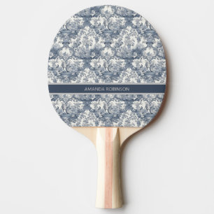 Raquette De Ping Pong Vintage damas à fleurs Bleu toile de jouy monogram