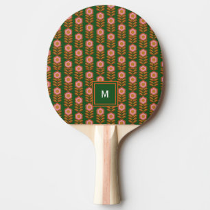 Raquette De Ping Pong Vintages floraux, rose sur vert rétro motif