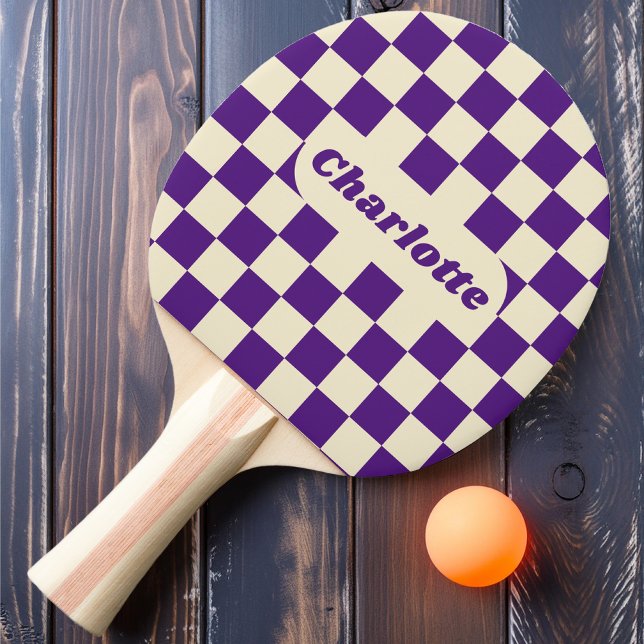 Raquette De Ping Pong Violet et Crème à Damier avec Nom (Créateur téléchargé)