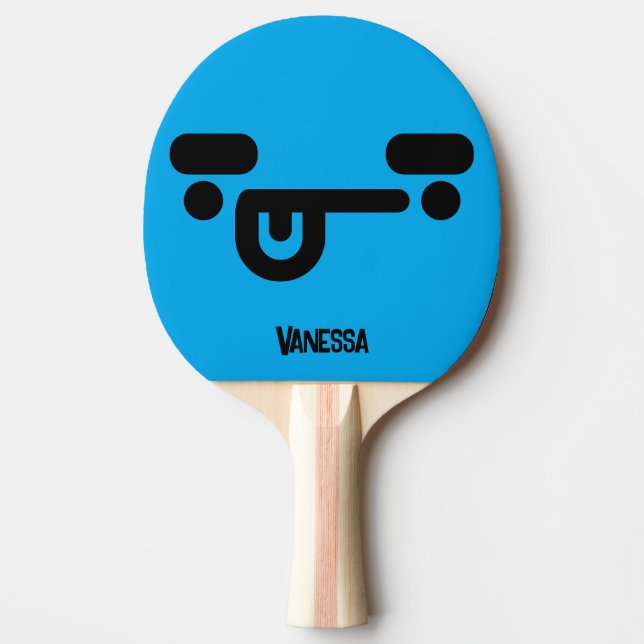 Raquette De Ping Pong Visage Confus Malicieux Bleu avec Nom (Devant)