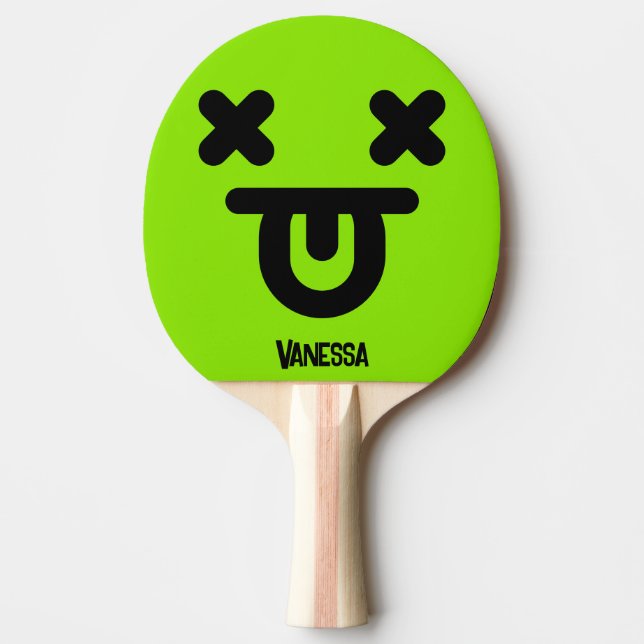 Raquette De Ping Pong Visage Vert Langue Sortie Étourdie avec Nom (Devant)