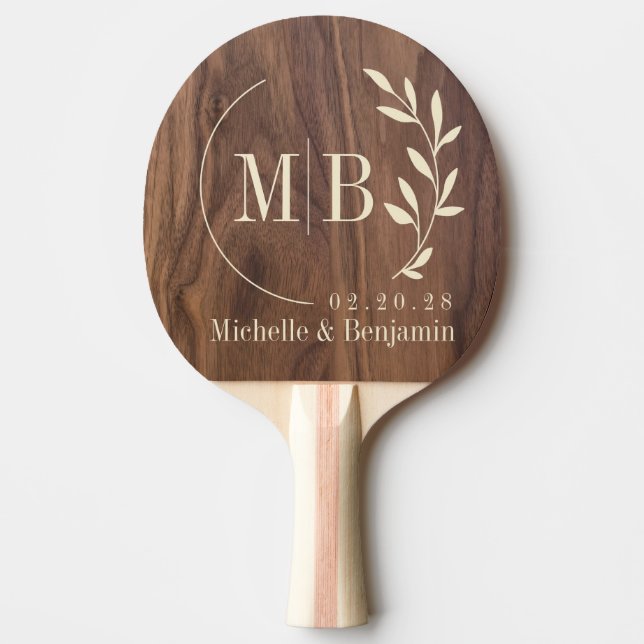 Raquette De Ping Pong Walnut Wood Leaf Wedding Monogram (Devant)