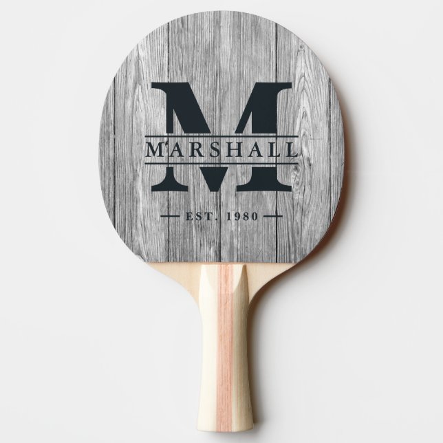 Raquette De Ping Pong Weathered Dark Gray Wooden Monogram & Name Overlay (Dos)
