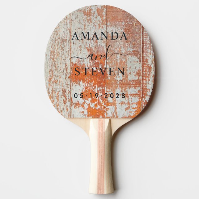Raquette De Ping Pong Worn Barn Wood Couple Names with Wedding Date (Dos)