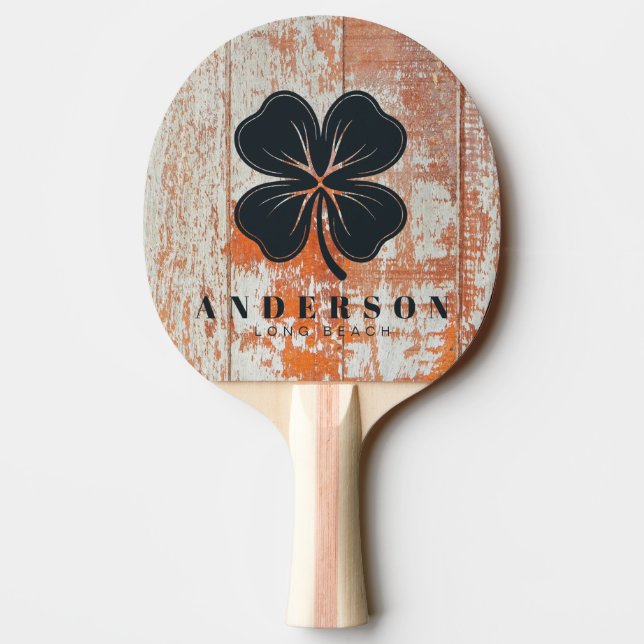 Raquette De Ping Pong Worn Barn Wood Four Leaf Clover with Name (Dos)