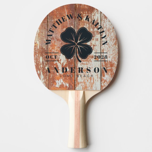 Raquette De Ping Pong Worn Barn Wood Irish Lucky Clover Wedding Crest (Devant)