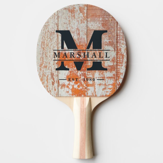Raquette De Ping Pong Worn Barn Wood Monogram & Name Overlay (Dos)