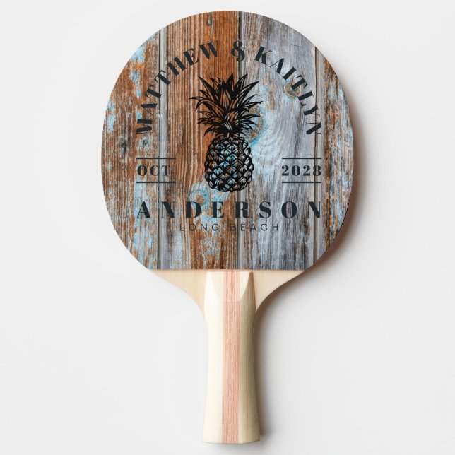 Raquette De Ping Pong Worn Blue Wash Tropical Pineapple Wedding Crest (Devant)
