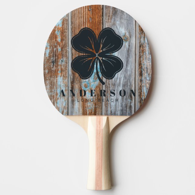 Raquette De Ping Pong Worn Blue Wash Wood Four Leaf Clover with Name (Devant)