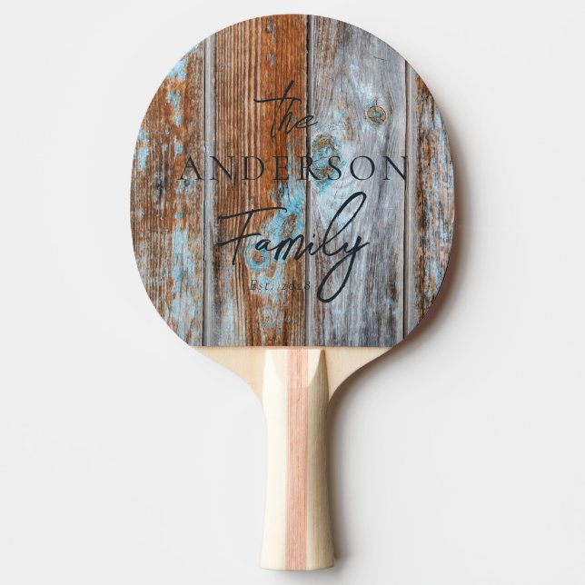 Raquette De Ping Pong Worn Blue Wash Wood Hand Written Family Name (Devant)