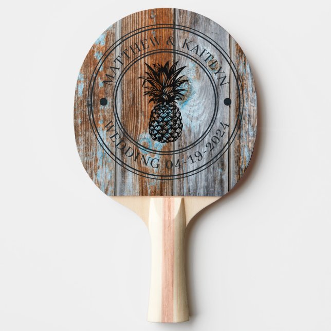 Raquette De Ping Pong Worn Blue Wash Wood Pineapple Wedding Crest & Name (Devant)