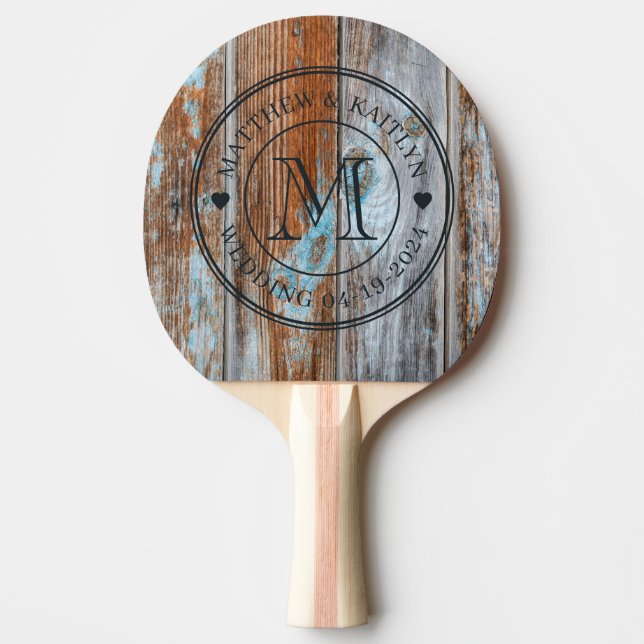 Raquette De Ping Pong Worn Blue Wash Wood Wedding Monogram Heart (Devant)