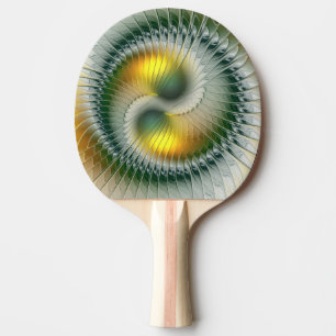 Raquette De Ping Pong Yin Yang Vert Jaune Abstrait Fractal Coloré