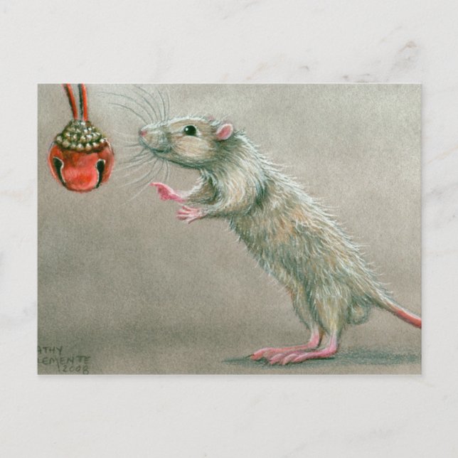 Rat avec carte postale rouge Noël (Devant)
