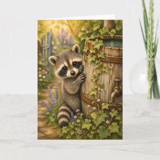 Raton laveur Peekaboo Baril d'eau Aquarelle Carte