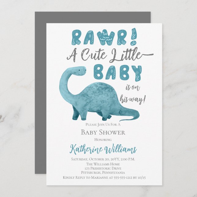 Rawr Blue Dinosaur QR Code Baby shower Invitation (Devant / Derrière)