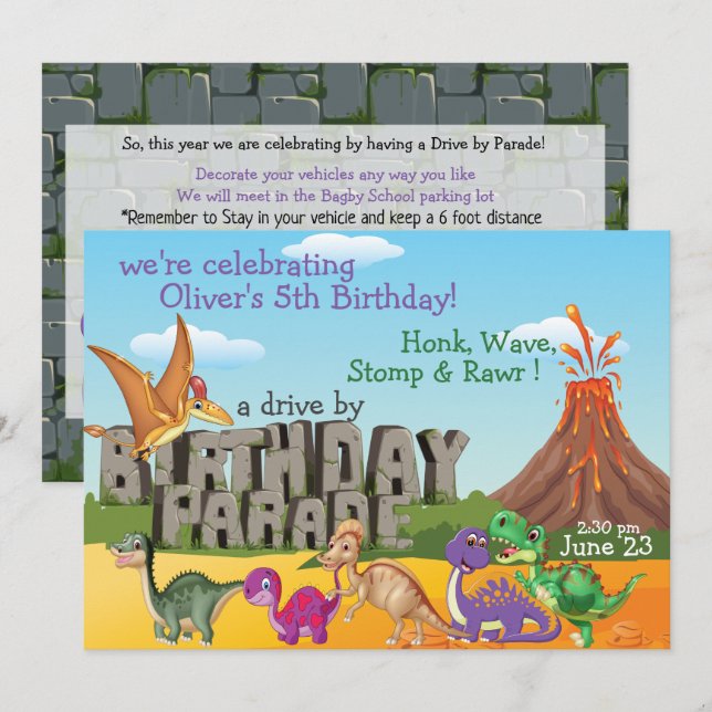 Rawr Dino DriveBy Happy Birthday Parade Invitation (Devant / Derrière)