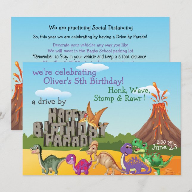 Rawr Dino DriveBy Happy Birthday Parade Invitation (Devant / Derrière)